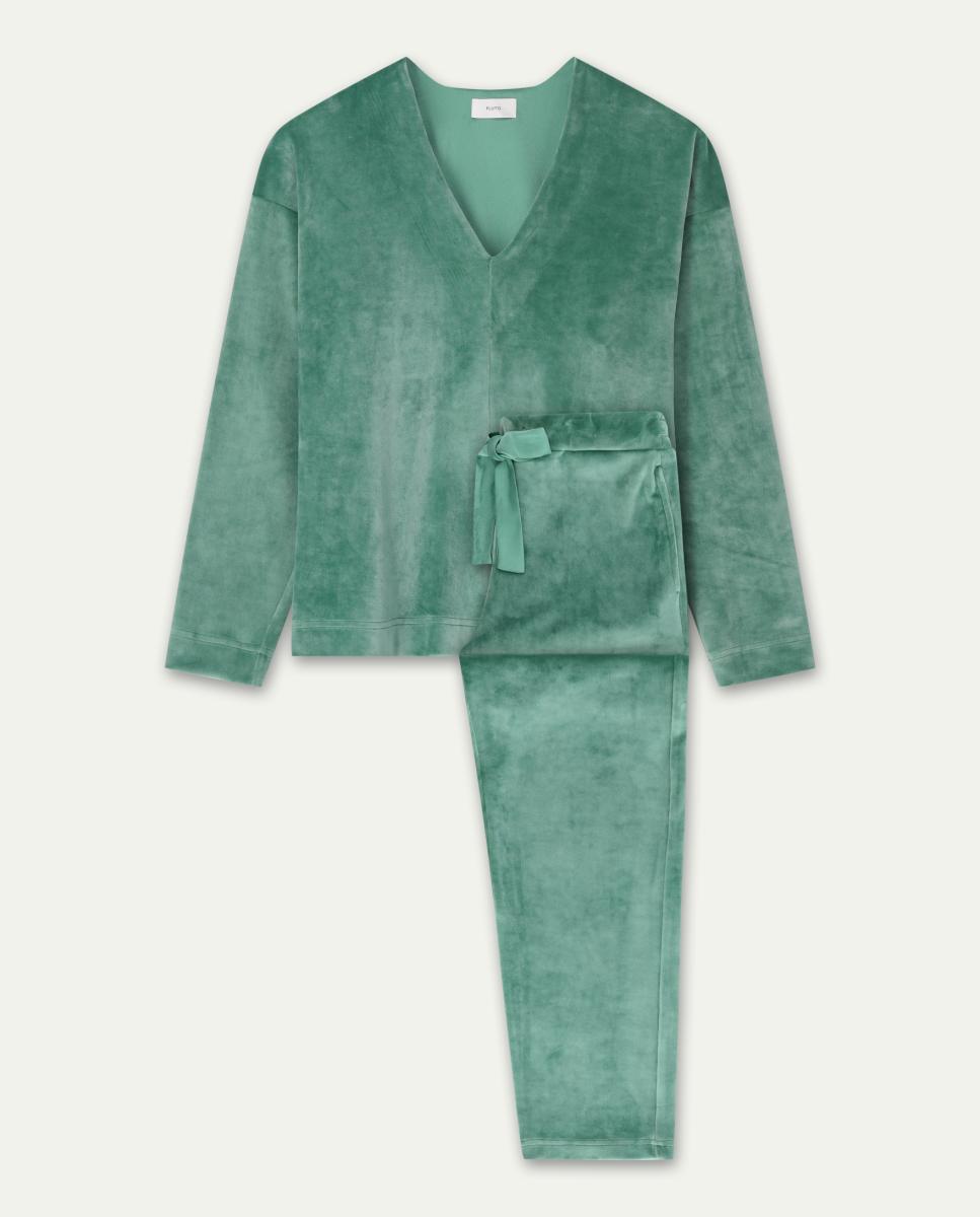 Pijama de Manga Comprida com Calças de Veludo Verde-escuro-2
