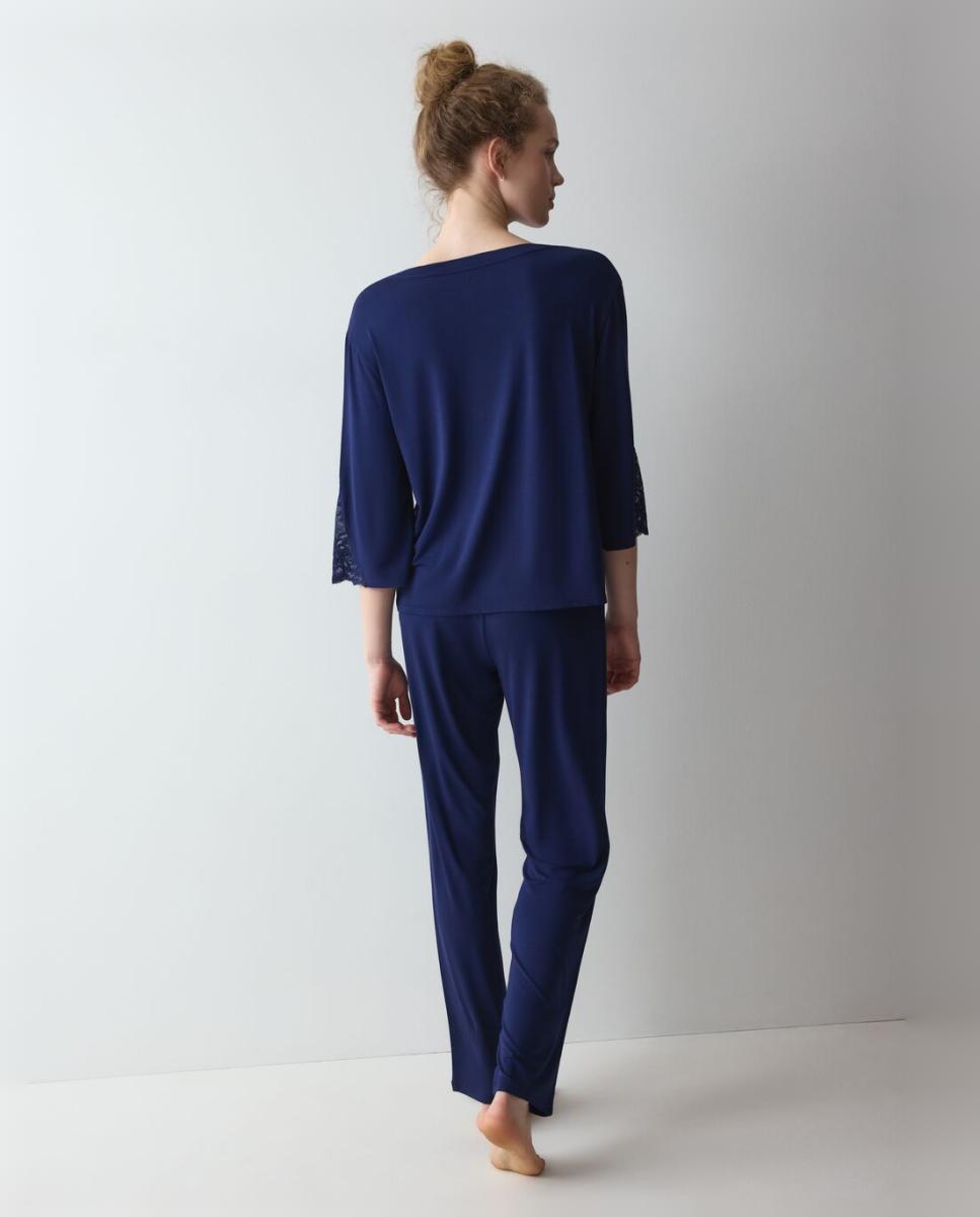 Pijama Clássico de Modal Tencel com Detalhes de Renda Azul-marinho-2
