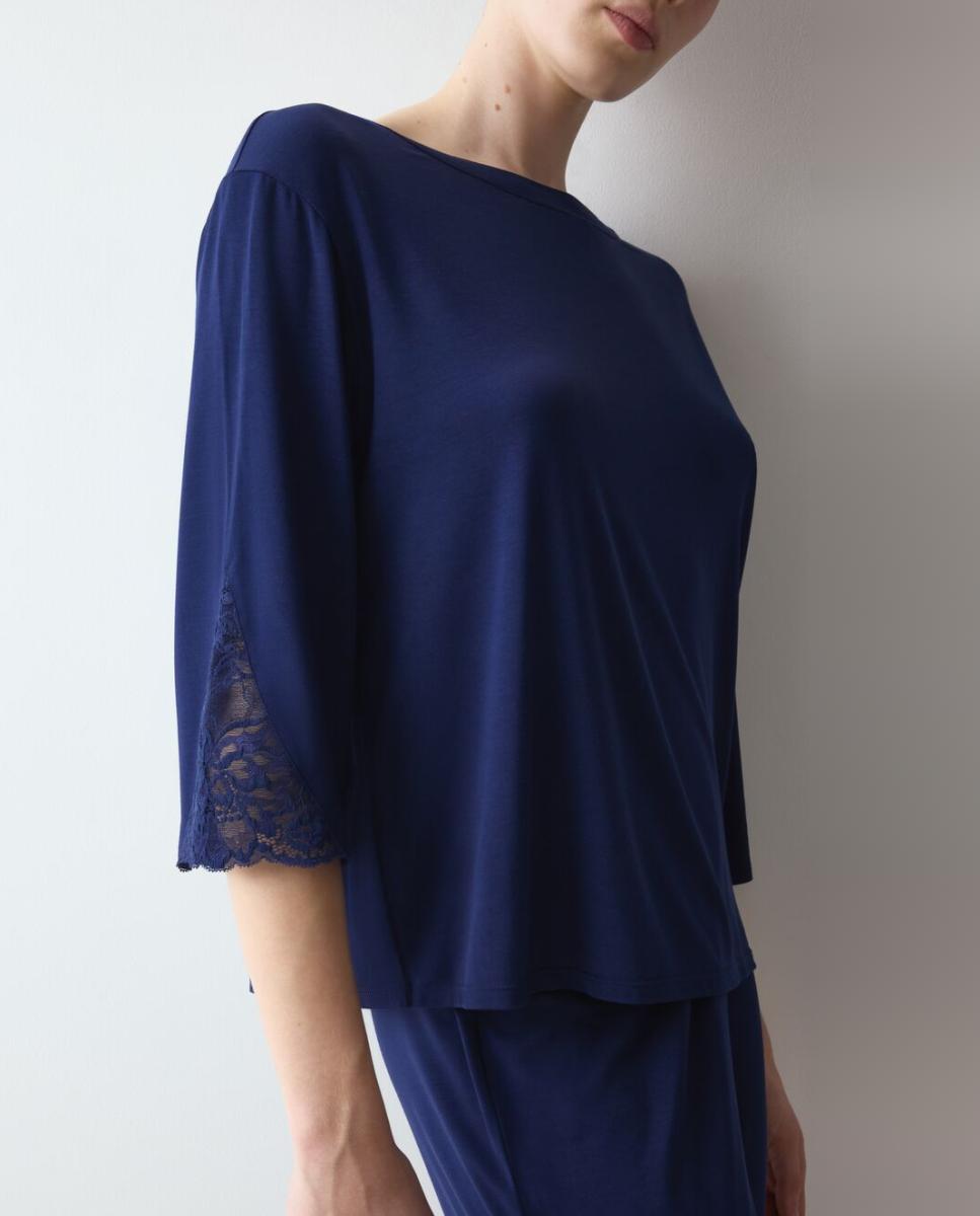 Pijama Clássico de Modal Tencel com Detalhes de Renda Azul-marinho-3