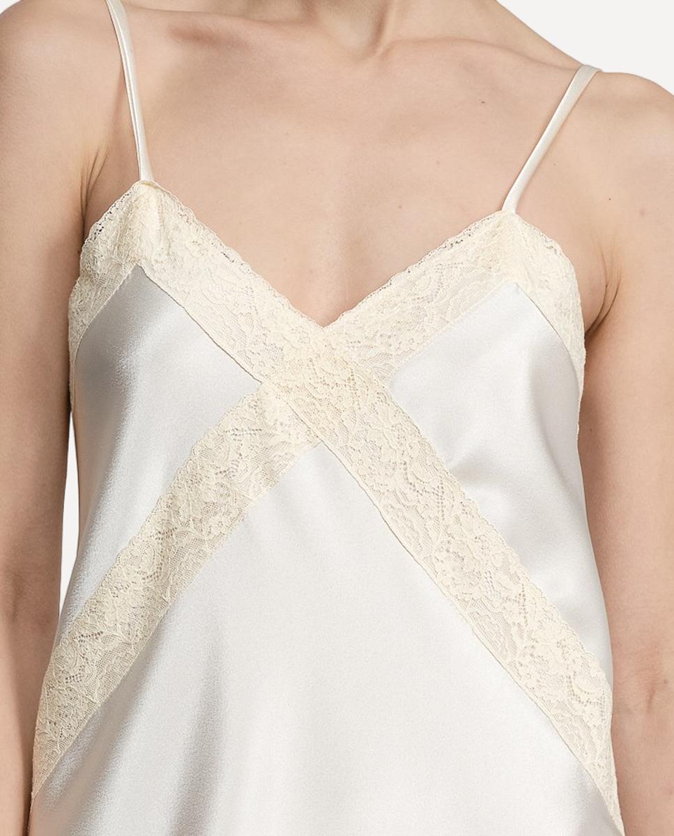 Camisa de Dormir de Cetim com Rendas Cruzadas Natural-5