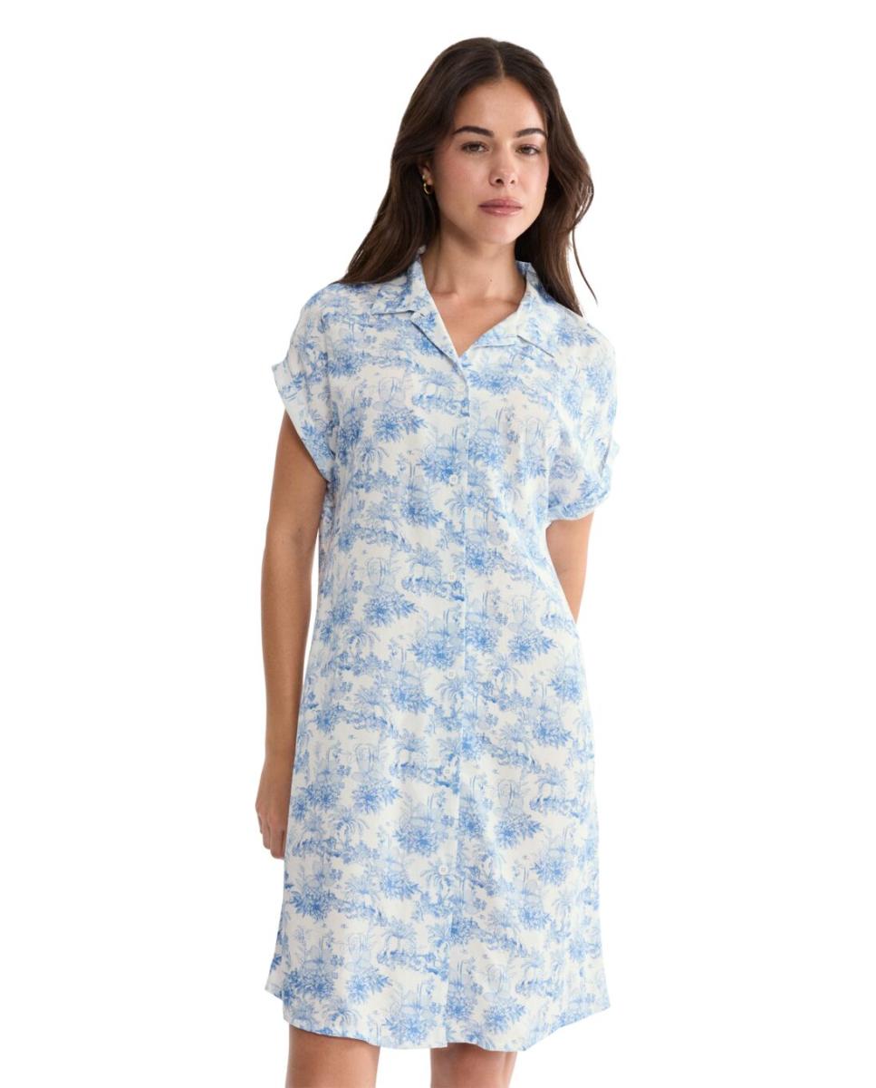Camisa de Dormir de Manga Curta em Viscose Muito Fresca Estilo "Boyfriend" Azul-1