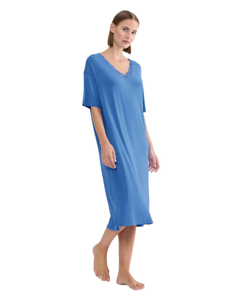 Camisa de Dormir de Manga Curta em Tecido TENCEL™ Modal com Detalhes de Renda Azul-índigo-1