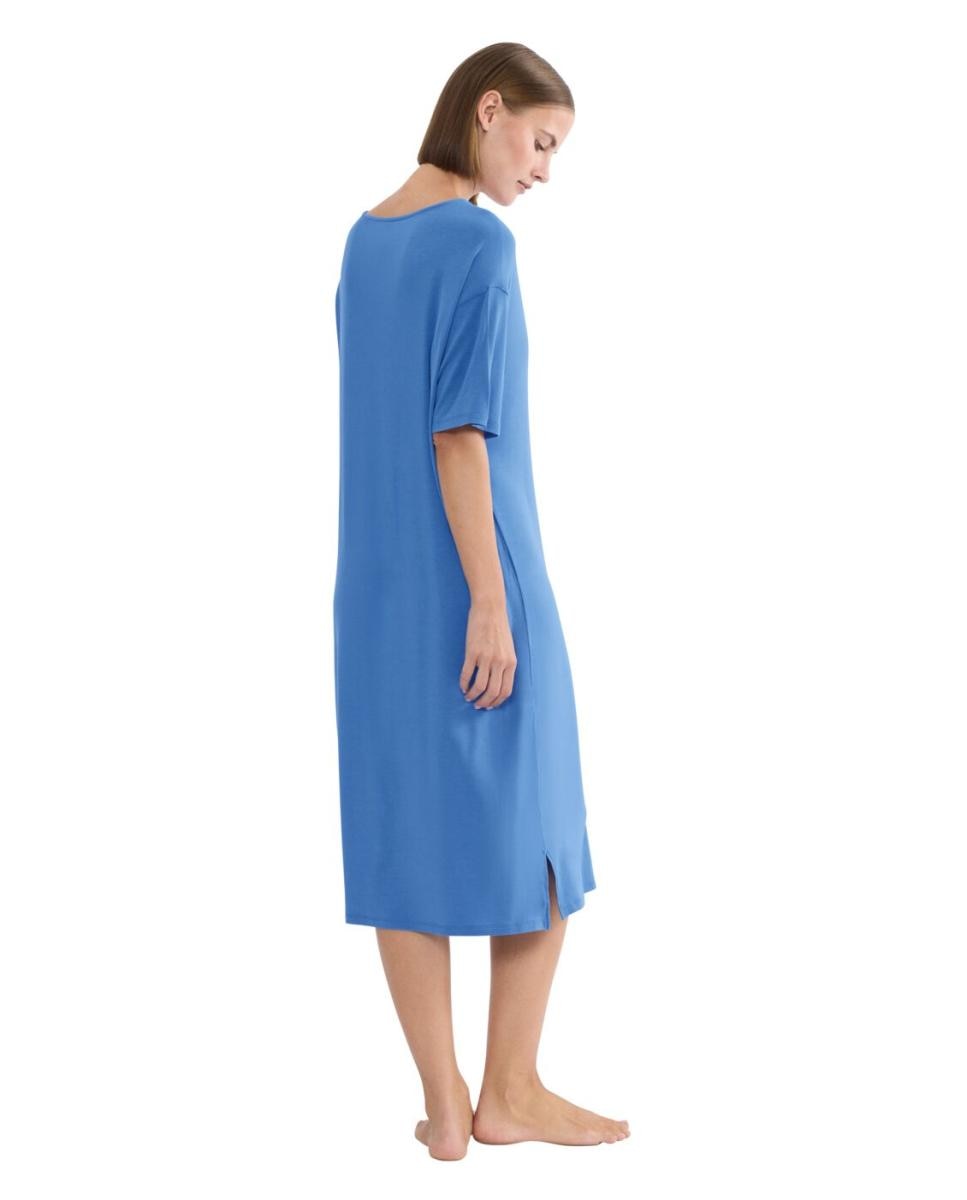 Camisa de Dormir de Manga Curta em Tecido TENCEL™ Modal com Detalhes de Renda Azul-índigo-2