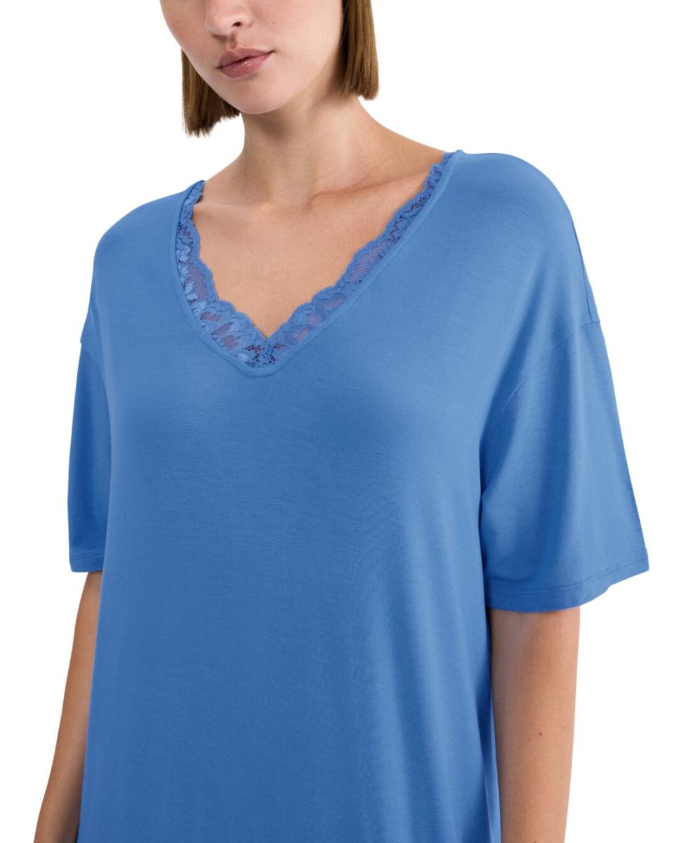 Camisa de Dormir de Manga Curta em Tecido TENCEL™ Modal com Detalhes de Renda Azul-índigo-3
