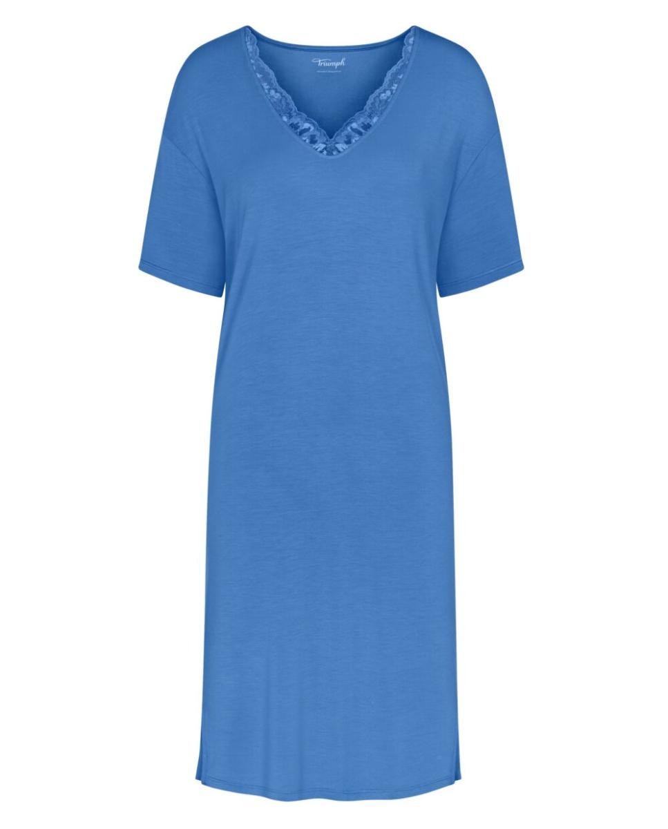 Camisa de Dormir de Manga Curta em Tecido TENCEL™ Modal com Detalhes de Renda Azul-índigo-4