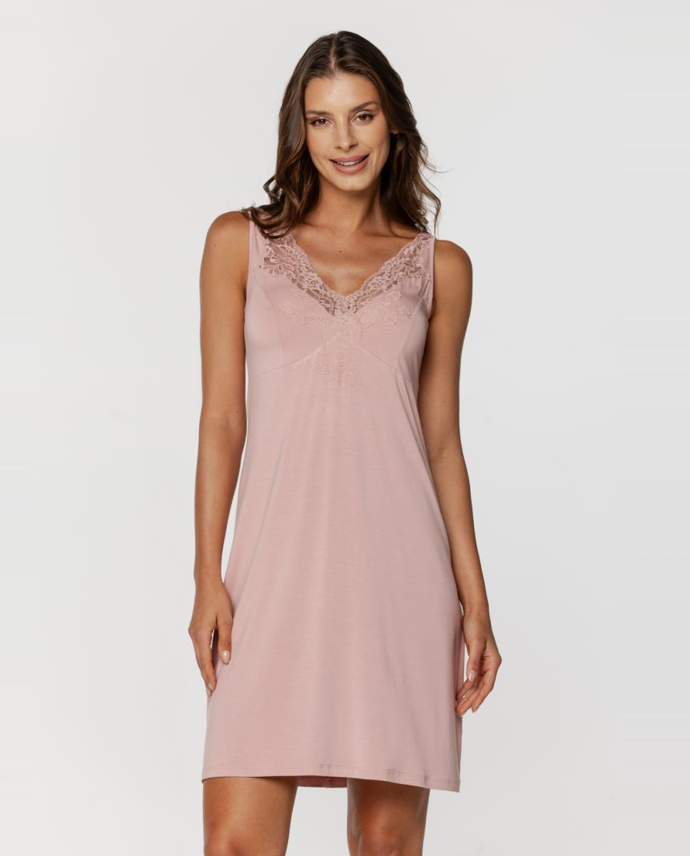 Camisa de Dormir com Alças Largas e Micro Modal com Renda Rosa-2