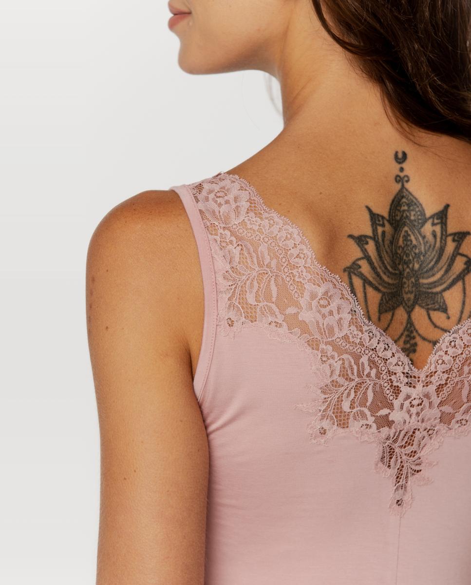 Camisa de Dormir com Alças Largas e Micro Modal com Renda Rosa-5