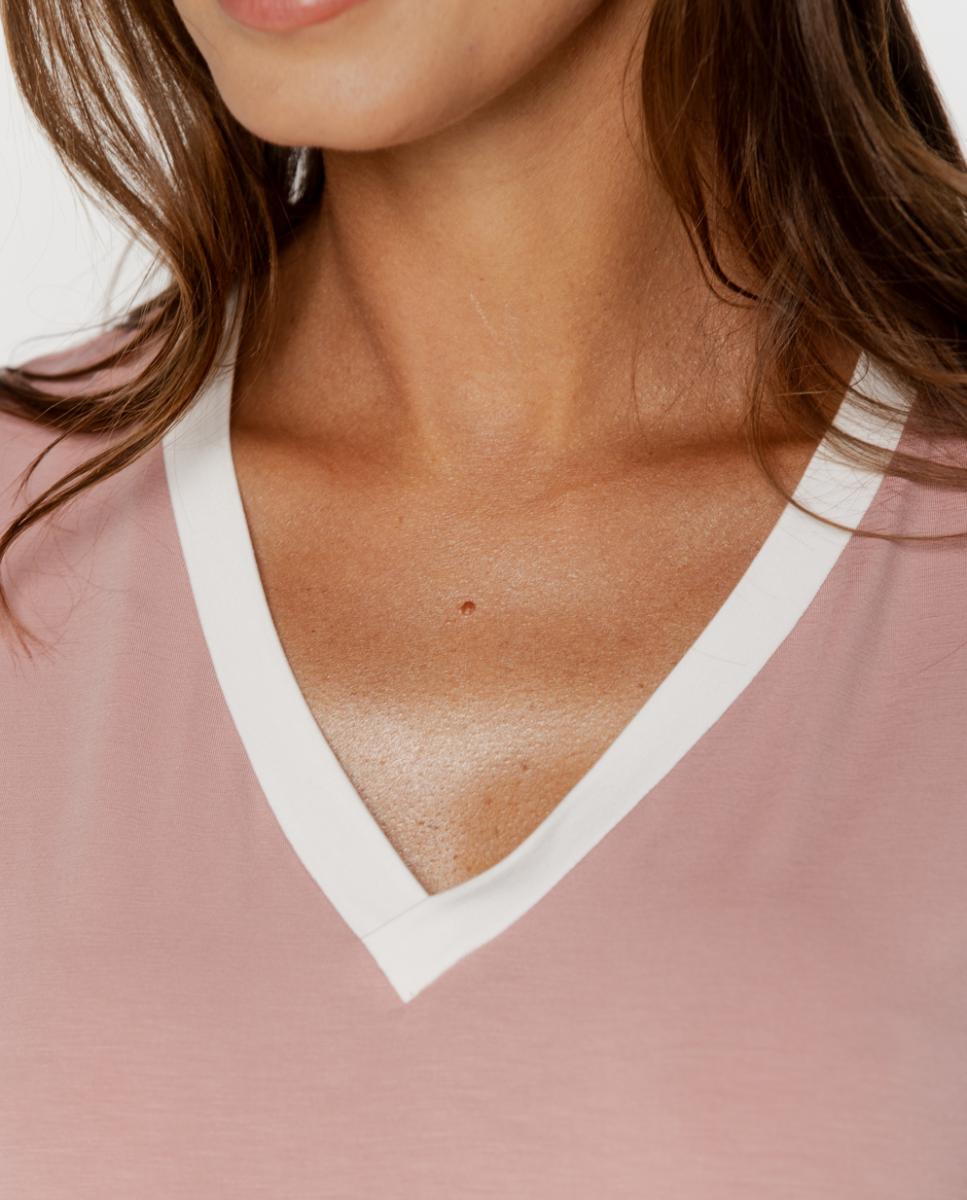 Camisa de Dormir sem Mangas em Micro Modal com Decote em Bico Rosa-3
