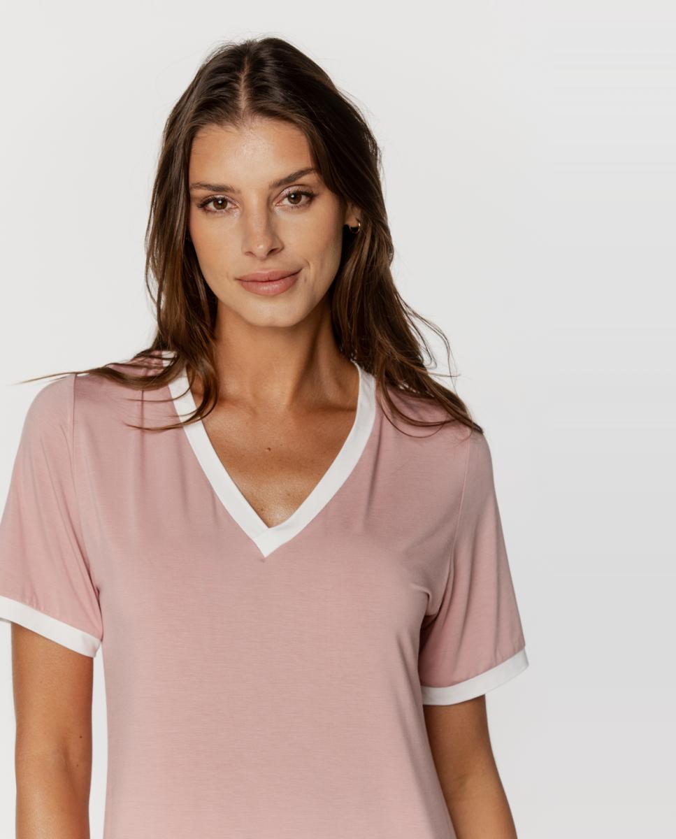 Camisa de Dormir sem Mangas em Micro Modal com Decote em Bico Rosa-4