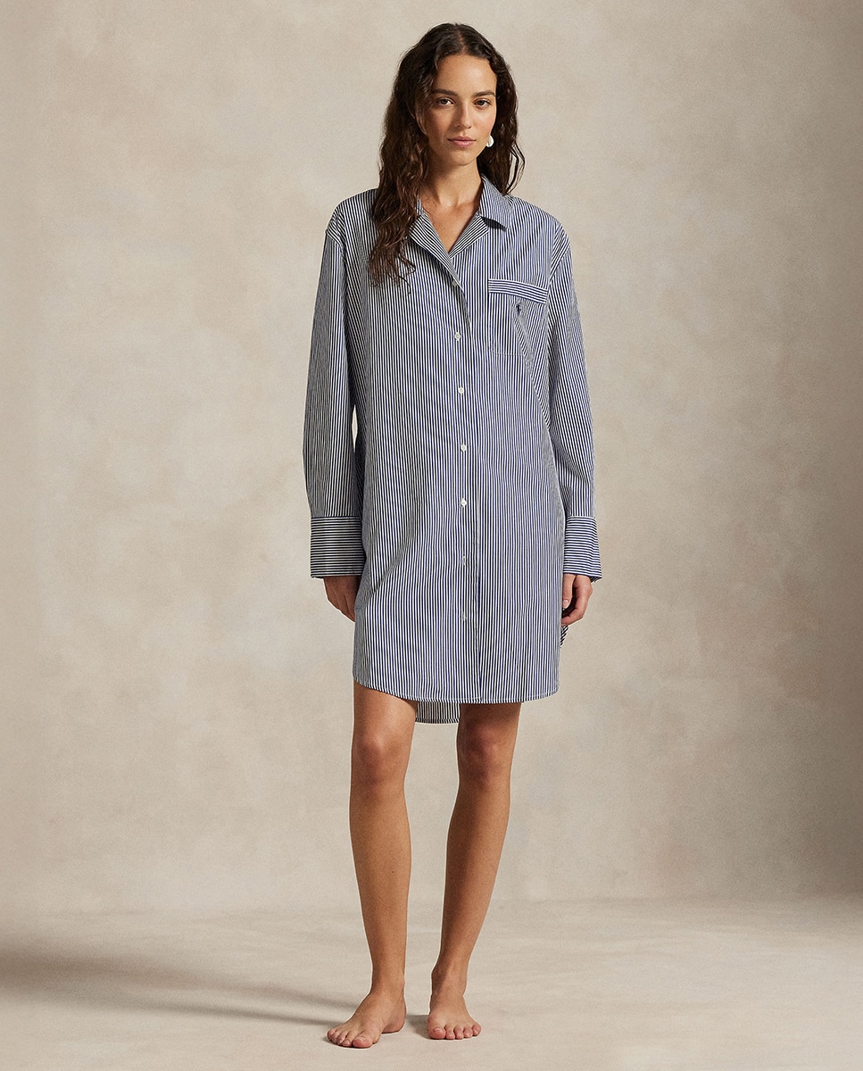 Camisa de Dormir de Popelina com Manga Comprida Azul-1