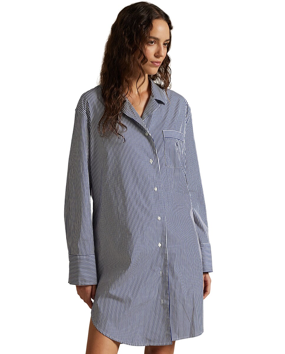 Camisa de Dormir de Popelina com Manga Comprida Azul-3