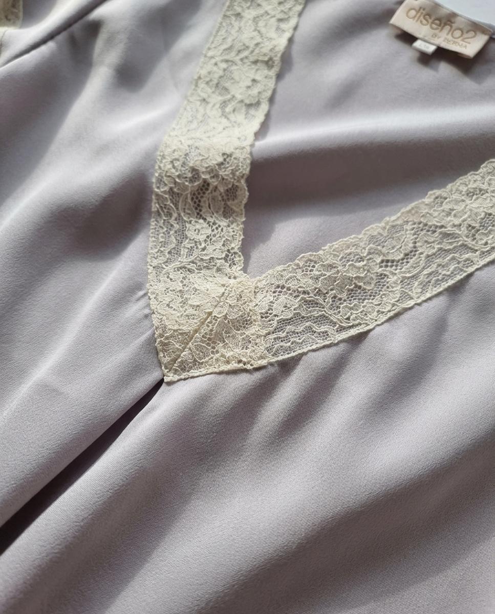 Camisa de Dormir de Cetim com Manga e Renda Cinzento-6