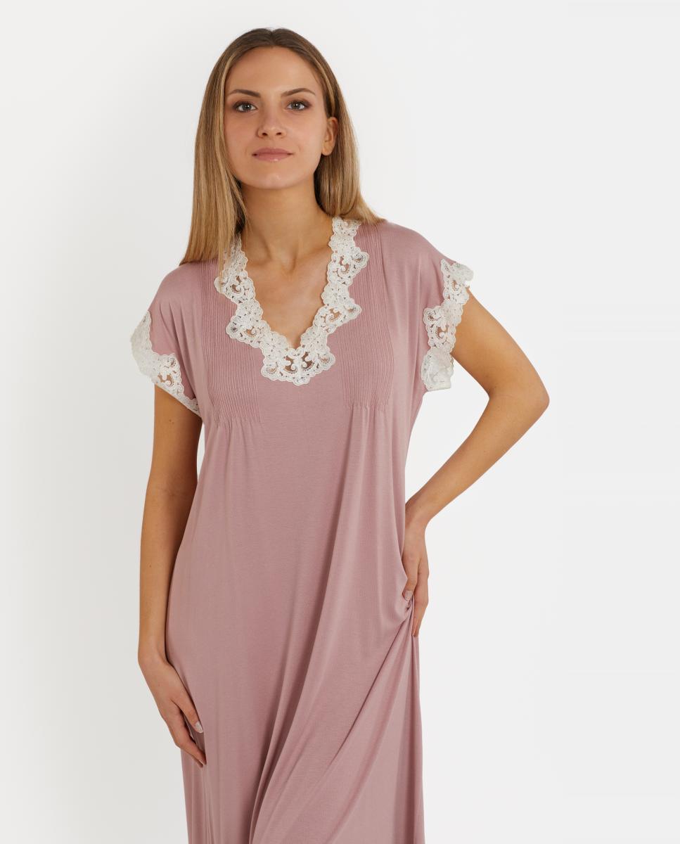 Camisa de Dormir Kaftan Comprida com Renda Rosa-2