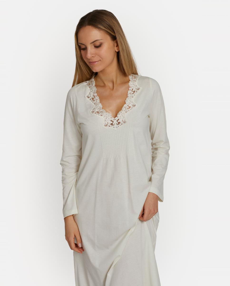 Camisa de Dormir com Renda no Decote Cru-2