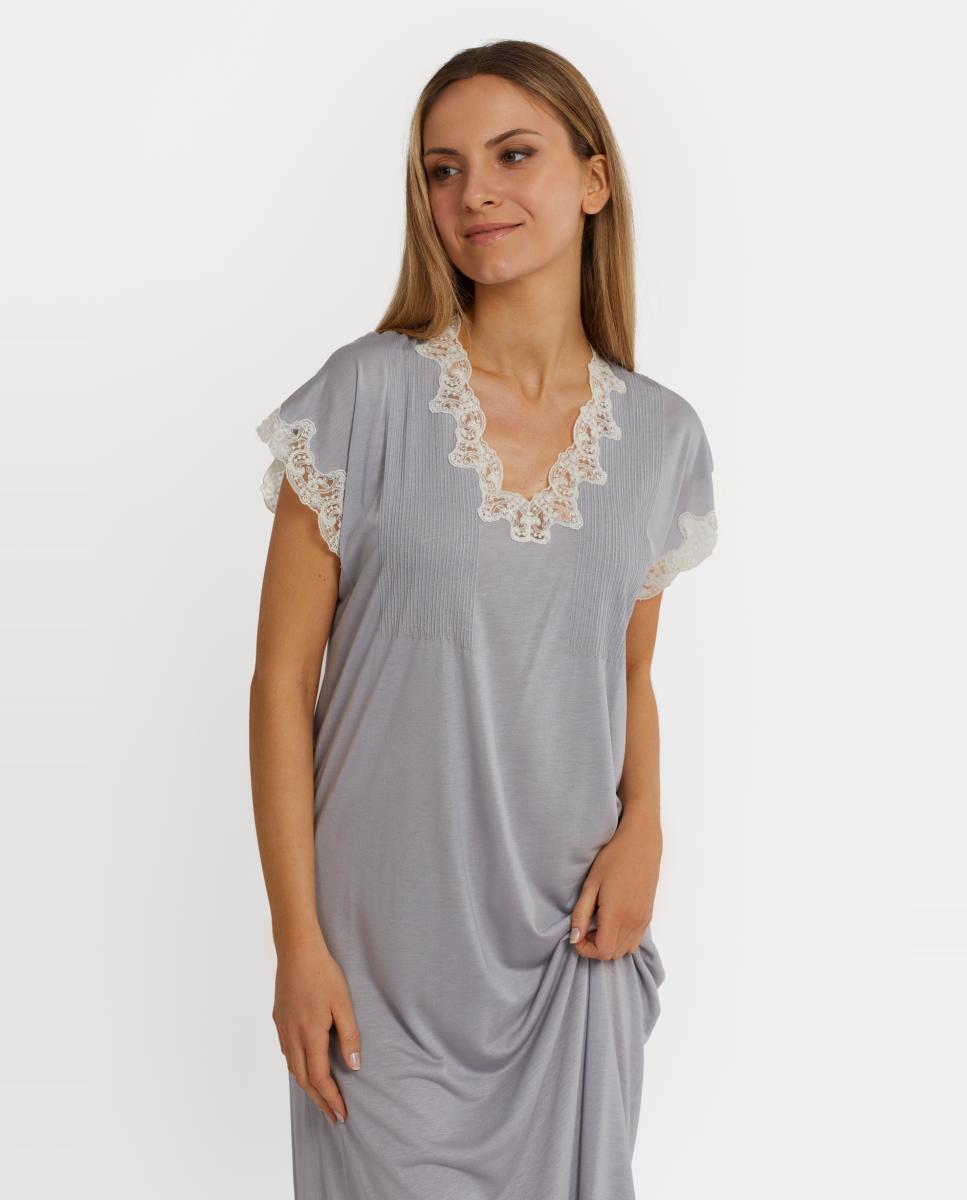 Camisa de Dormir Kaftan Comprida com Renda Cinzento-2