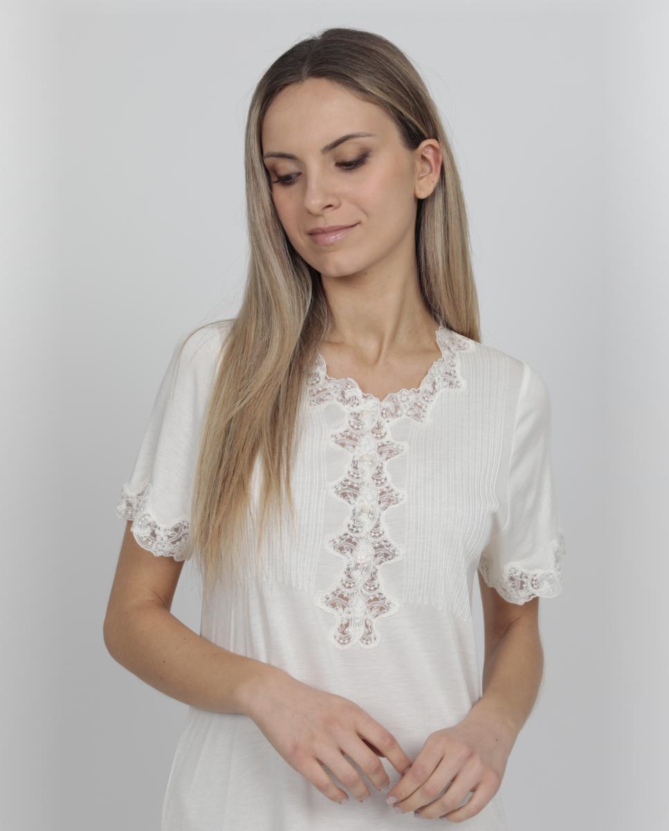 Camisa de Dormir Midi com Renda no Decote Cru-2