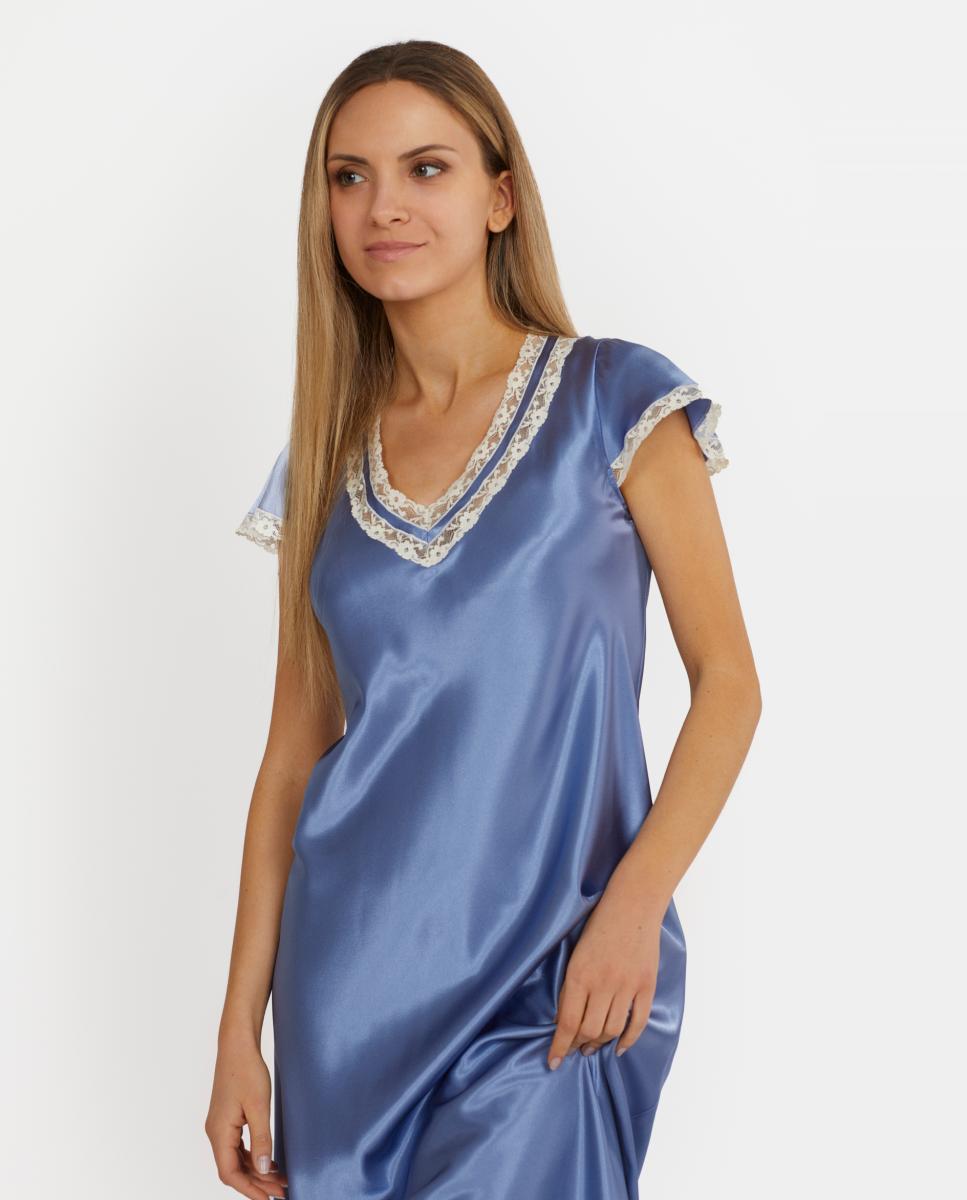 Camisa de Dormir com Manga de Capa com Renda Azul-2