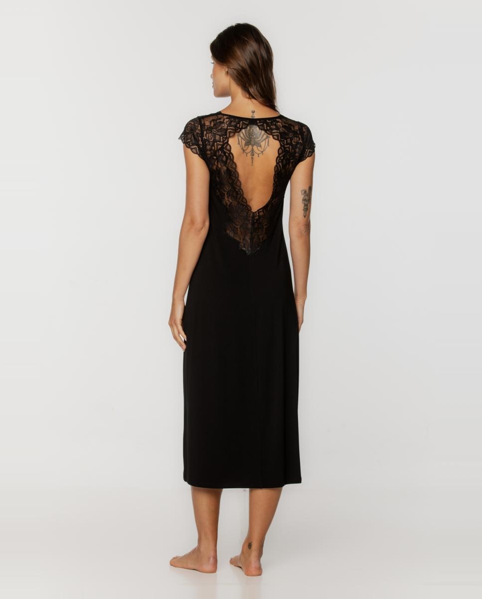 Camisa de Dormir Comprida de Micro Modal com Renda Preto-2
