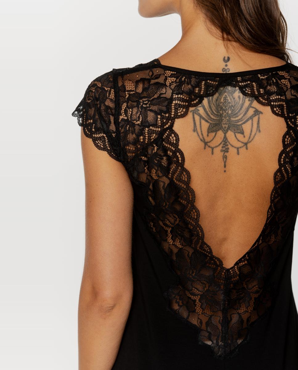 Camisa de Dormir Comprida de Micro Modal com Renda Preto-3