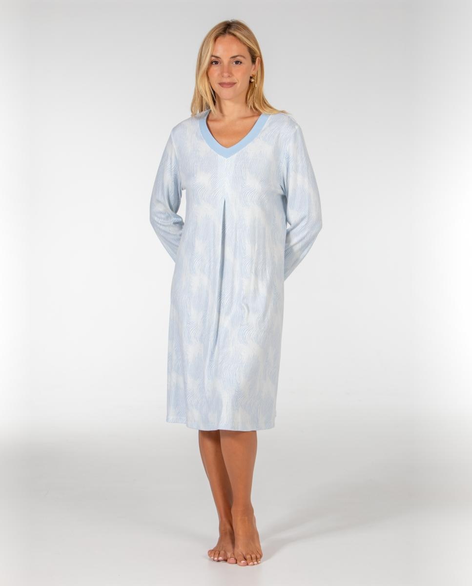 Camisón algodón invernal escote pico contraste con pliegue - Mitjans - Azul Azul-1