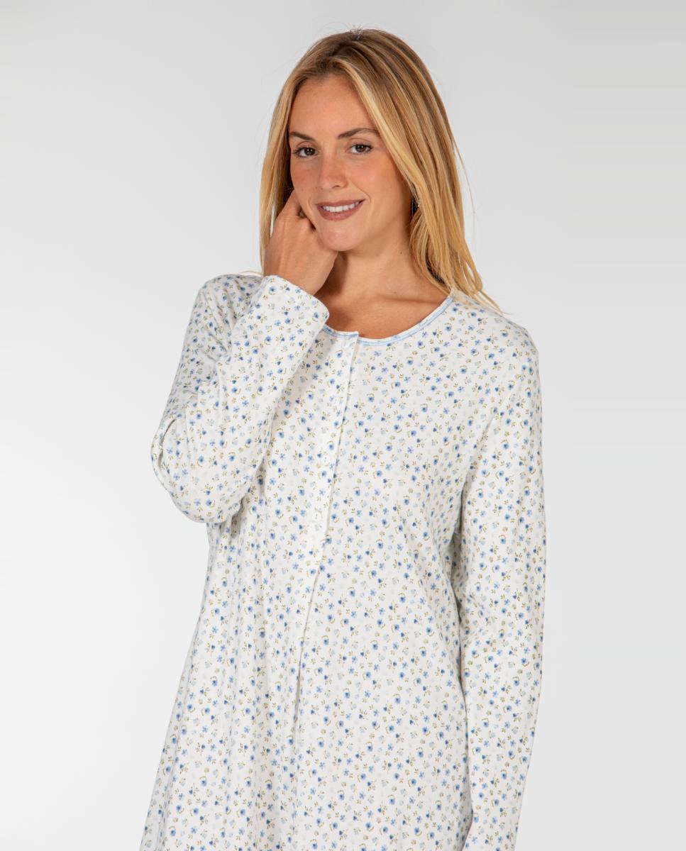 Camisa de Dormir com Decote Redondo e Carcela com Prega Azul-3
