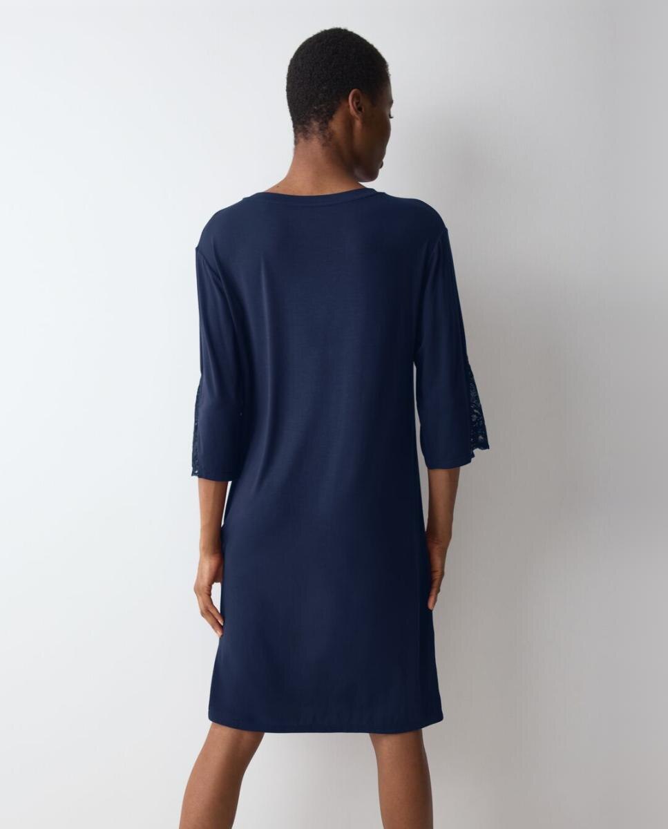 Camisa de Dormir Clássica de Modal Tencel com Detalhes de Renda Azul-marinho-2