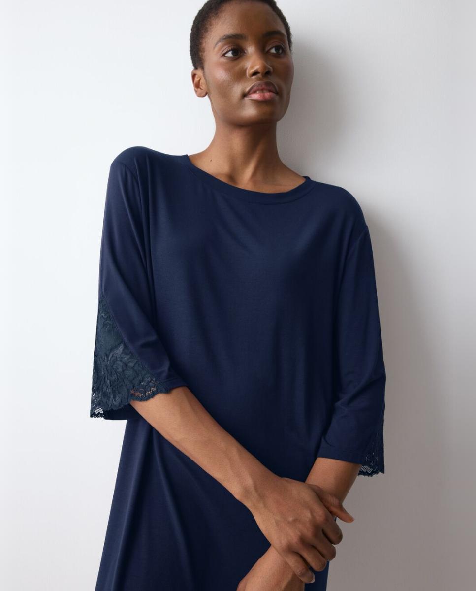 Camisa de Dormir Clássica de Modal Tencel com Detalhes de Renda Azul-marinho-3