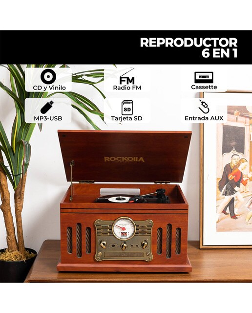 Tocadiscos Rockolla Monarch con Bluetooth, CD, Radio, USB Marrón-3