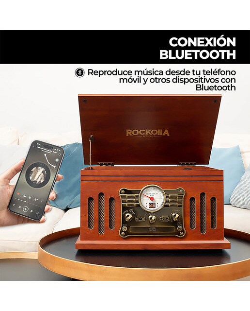 Tocadiscos Rockolla Monarch con Bluetooth, CD, Radio, USB Marrón-4