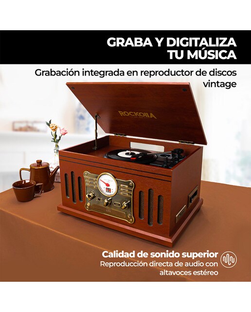 Tocadiscos Rockolla Monarch con Bluetooth, CD, Radio, USB Marrón-6