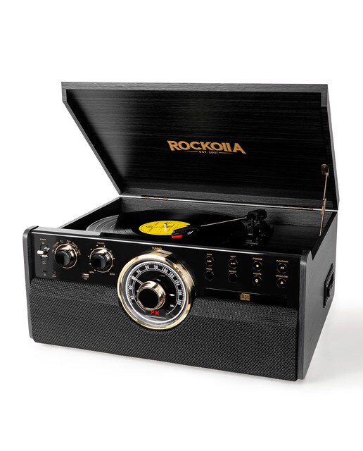 Tocadiscos Rockolla Vanguard con Bluetooth, CD, Radio, USB, Grabadora, Casete, MP3 y tarjetas SD Negro-1
