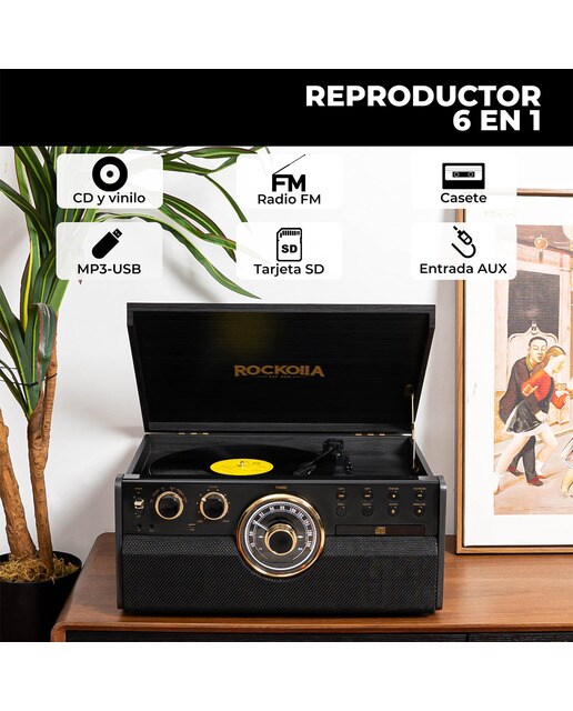 Tocadiscos Rockolla Vanguard con Bluetooth, CD, Radio, USB, Grabadora, Casete, MP3 y tarjetas SD Negro-2