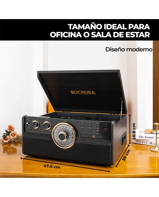 Tocadiscos Rockolla Vanguard con Bluetooth, CD, Radio, USB, Grabadora, Casete, MP3 y tarjetas SD Negro-3