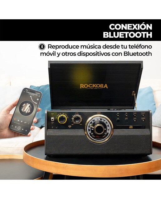 Tocadiscos Rockolla Vanguard con Bluetooth, CD, Radio, USB, Grabadora, Casete, MP3 y tarjetas SD Negro-4