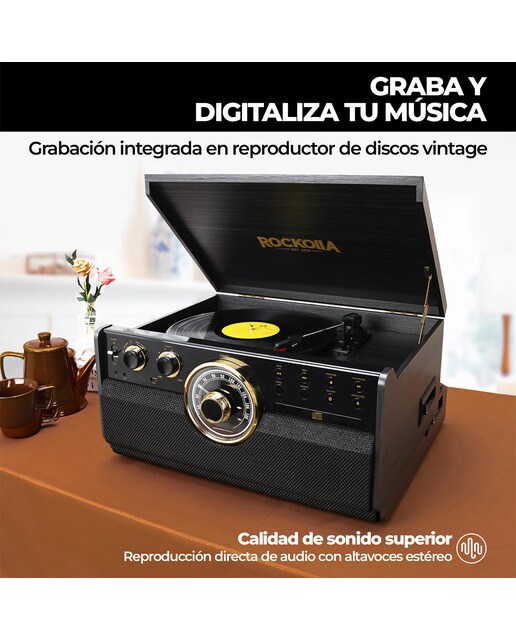 Tocadiscos Rockolla Vanguard con Bluetooth, CD, Radio, USB, Grabadora, Casete, MP3 y tarjetas SD Negro-5