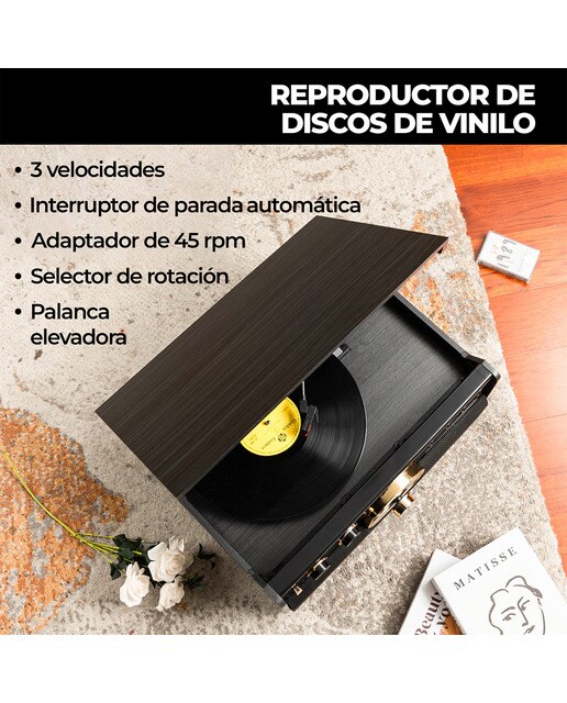Tocadiscos Rockolla Vanguard con Bluetooth, CD, Radio, USB, Grabadora, Casete, MP3 y tarjetas SD Negro-6