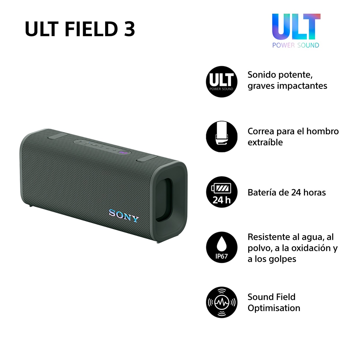 Altavoz portátil Sony ULT FIELD 3 con ULT POWER SOUND, IP 67, resistente al agua, polvo y golpes, 24 horas de batería, correa desmontable - Verde Verde-2