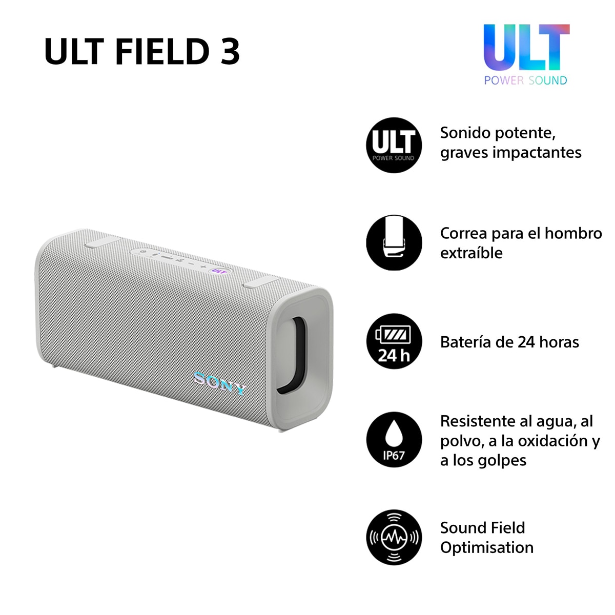 Altavoz portátil Sony ULT FIELD 3 con ULT POWER SOUND, IP 67, resistente al agua, polvo y golpes, 24 horas de batería, correa desmontable - Blanco Blanco-3