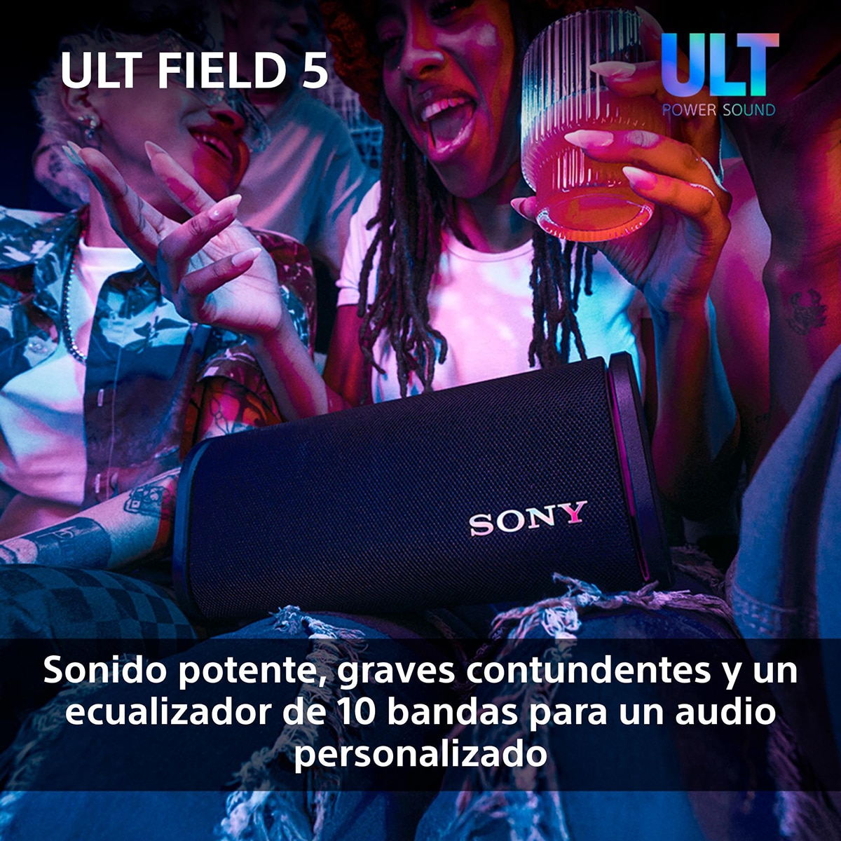 Altavoz portátil Sony ULT FIELD 5 con ULT POWER SOUND, IP67, resistente al agua, polvo y golpes, 25 horas de batería, luces 360, correa desmontable Negro-4