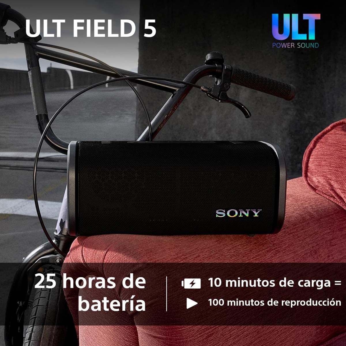 Altavoz portátil Sony ULT FIELD 5 con ULT POWER SOUND, IP67, resistente al agua, polvo y golpes, 25 horas de batería, luces 360, correa desmontable Negro-7