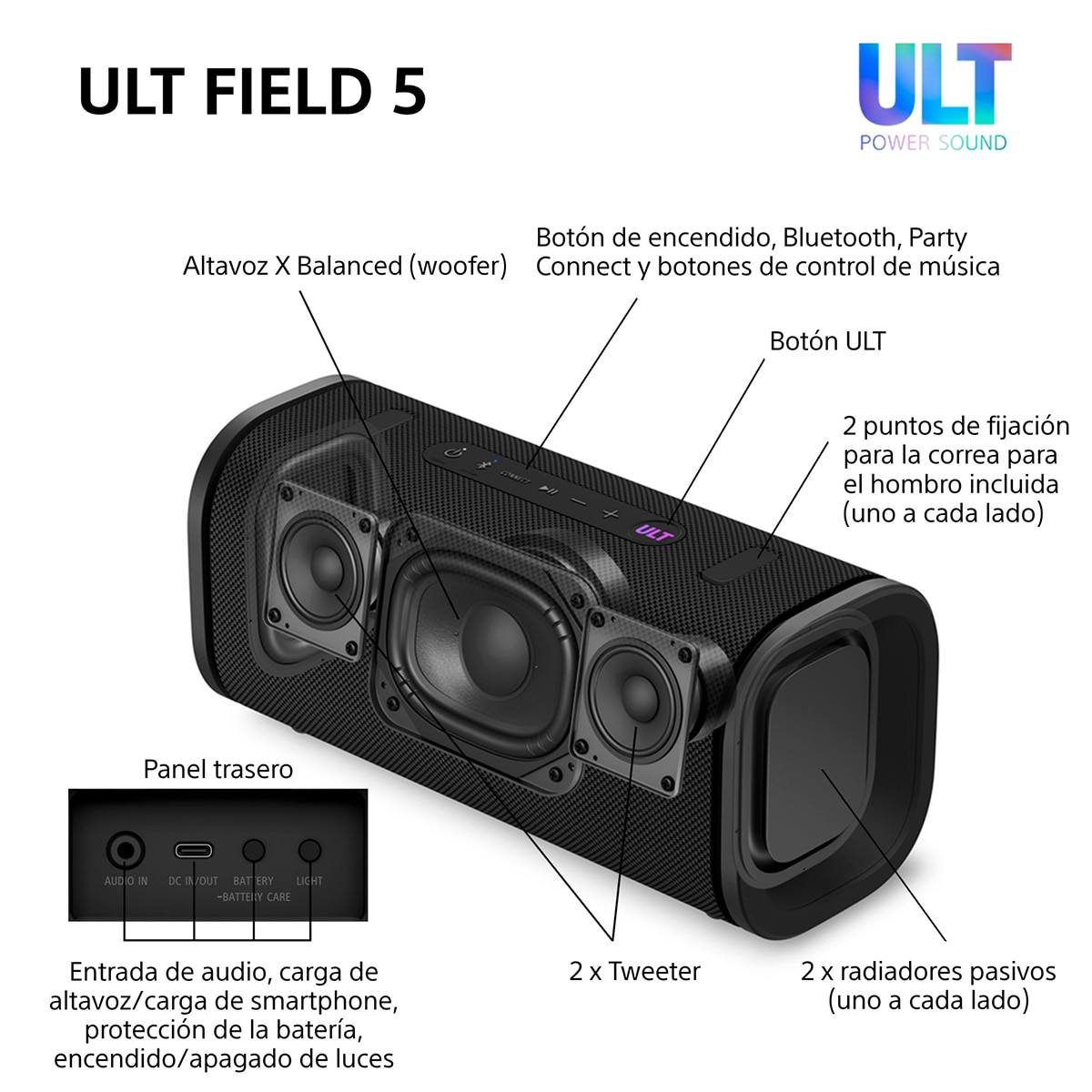 Altavoz portátil Sony ULT FIELD 5 con ULT POWER SOUND, IP67, resistente al agua, polvo y golpes, 25 horas de batería, luces 360, correa desmontable Negro-12