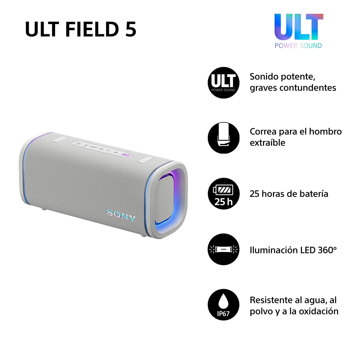 Altavoz portátil Sony ULT FIELD 5 con ULT POWER SOUND, IP67, resistente al agua, polvo y golpes, 25 horas de batería, luces 360, correa desmontable - Blanco Blanco-2