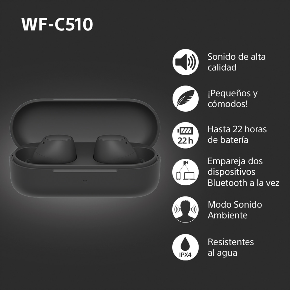 Sony WF-C510 Bluetooth multipunto, hasta 22 horas de batería, Auriculares modo sonido ambiente, IPX4 Negro-4