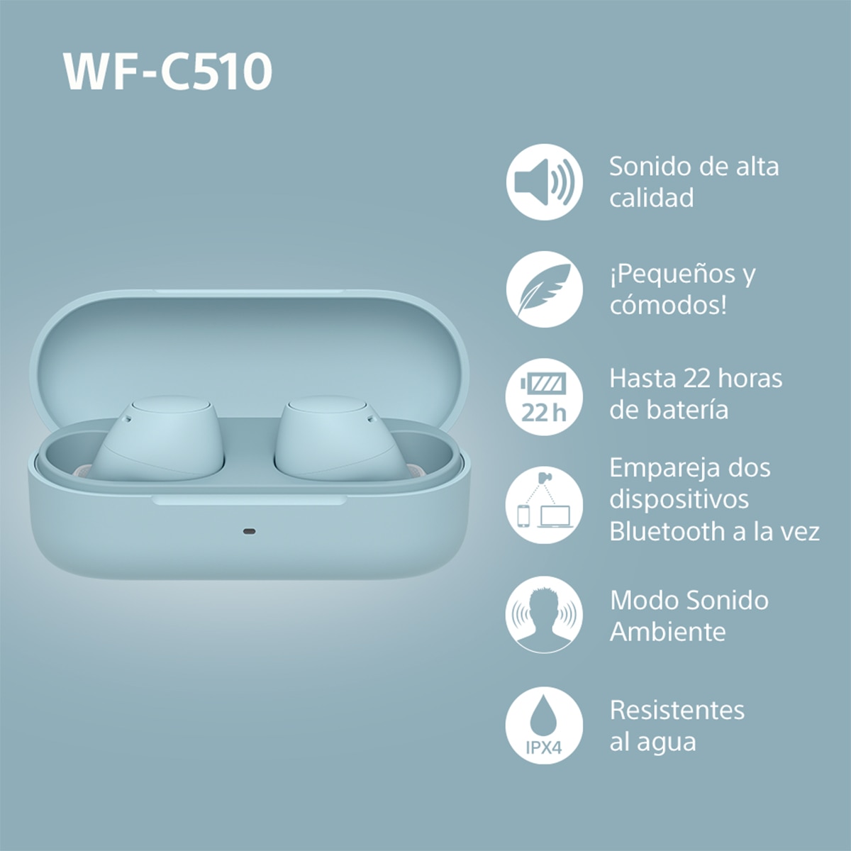 Sony WF-C510 Bluetooth multipunto, hasta 22 horas de batería, Auriculares modo sonido ambiente, IPX4 - Azul Azul-4