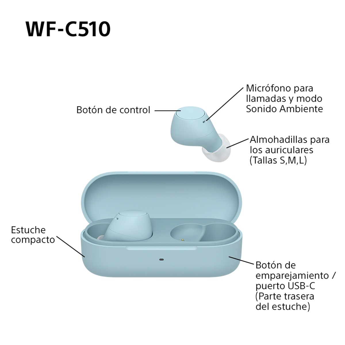 Sony WF-C510 Bluetooth multipunto, hasta 22 horas de batería, Auriculares modo sonido ambiente, IPX4 - Azul Azul-13