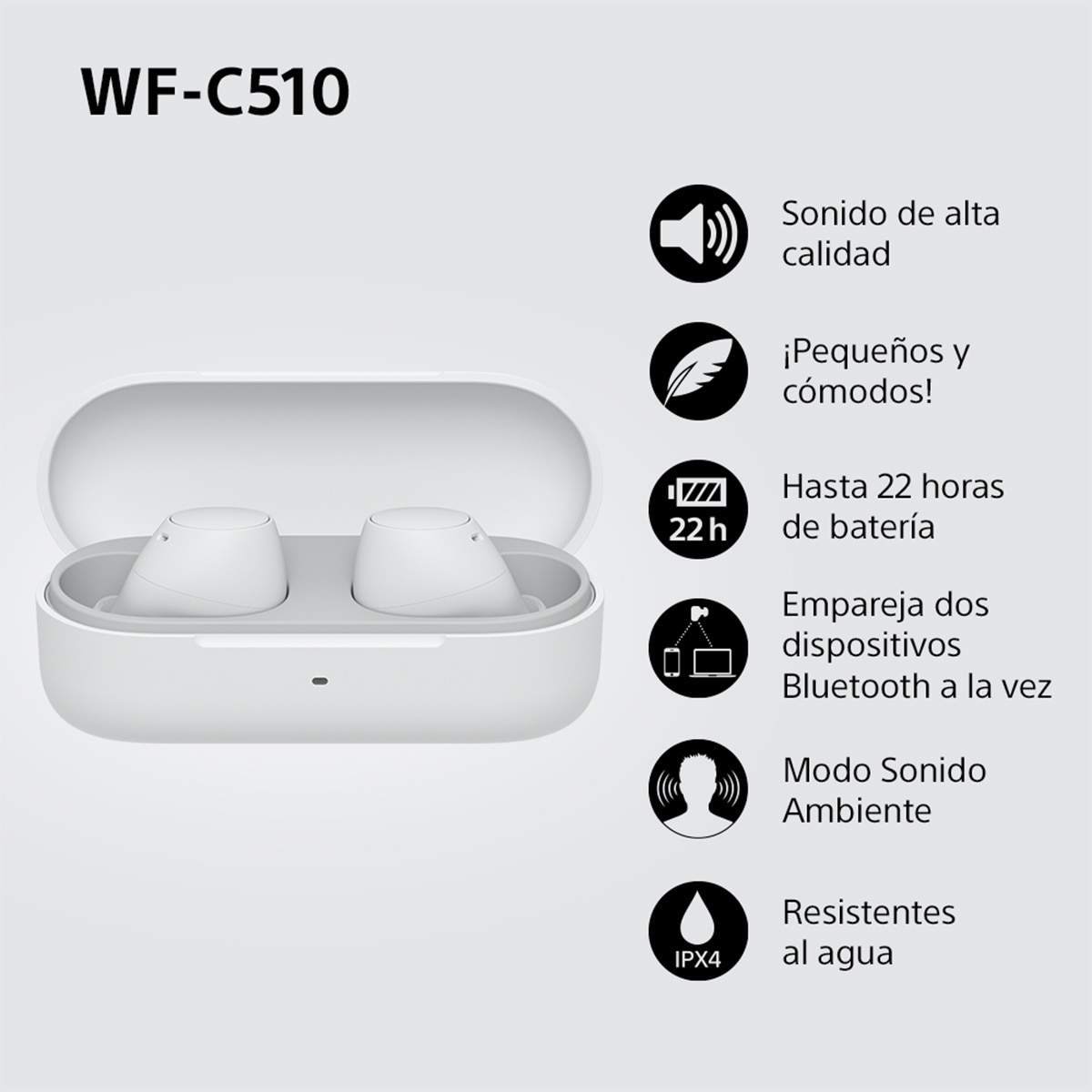 Sony WF-C510 Bluetooth multipunto, hasta 22 horas de batería, Auriculares modo sonido ambiente, IPX4 - Blanco Blanco-4