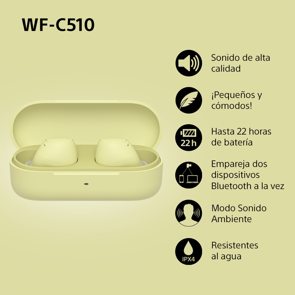 Sony WF-C510 Bluetooth multipunto, hasta 22 horas de batería, Auriculares modo sonido ambiente, IPX4 - Amarillo Amarillo-4