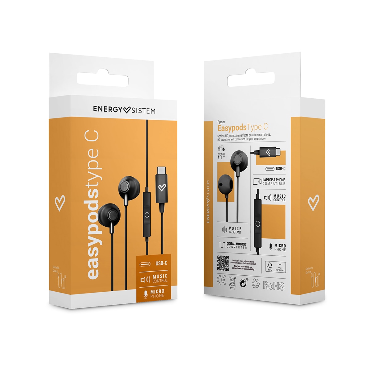 Auriculares de botón Energy Sistem EasyPods Type C Space con micrófono y voice assistant - Negro Negro-6
