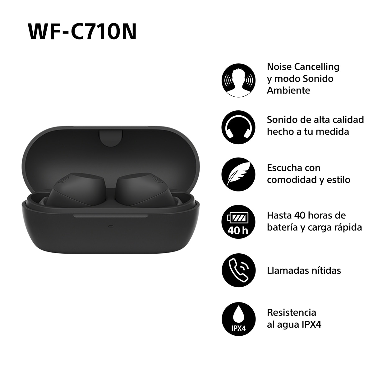 Sony WF-C710N Auriculares Inalámbricos, Cancelación de ruido, táctiles, Multipunto, IPX4, 40h. de batería, iOS, Android y PC - Negro Negro-3