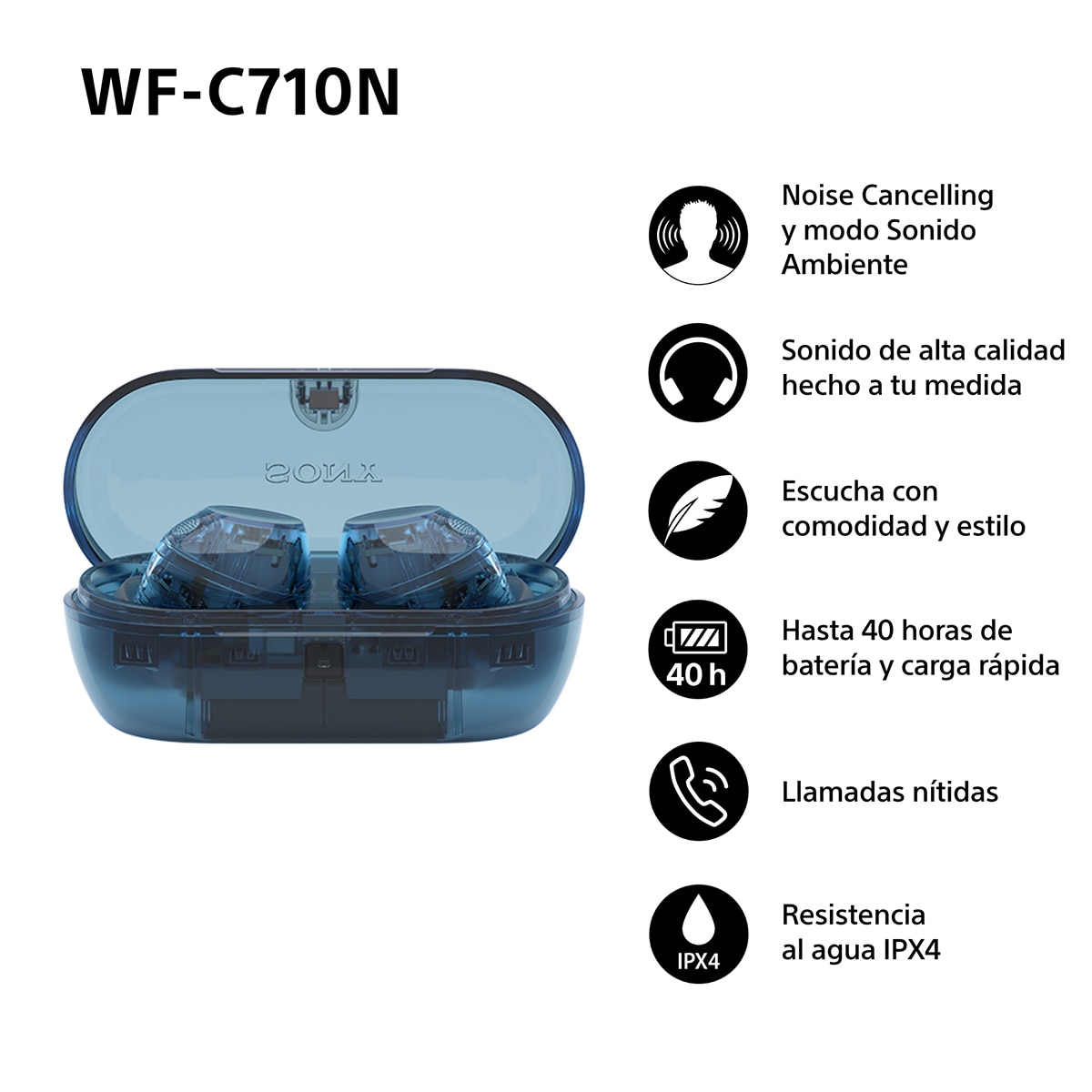 Sony WF-C710N Auriculares Inalámbricos, Cancelación de ruido, táctiles, Multipunto, IPX4, 40h. de batería, iOS, Android y PC Azul-3
